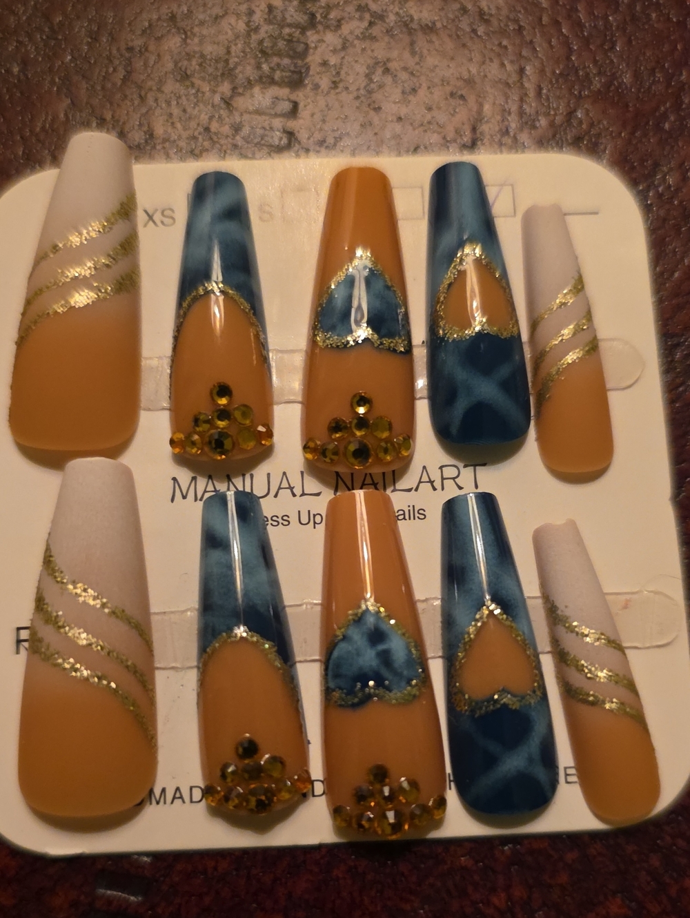 Handcrafted Blue & Tan Press-On Nail Set with Gold Accent Size Med